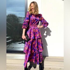 Little Mistress Marina Floral Ruffled Tiered High Neck Maxi Dress Pink Purple 14